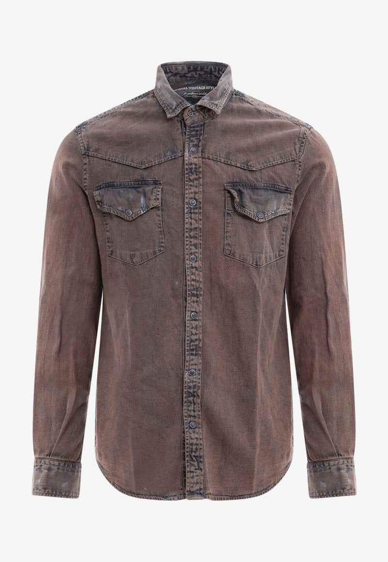 Original Vintage Style Vintage Effect Long-Sleeved Denim Shirt Brown TESLA308TTO308_TORTORA