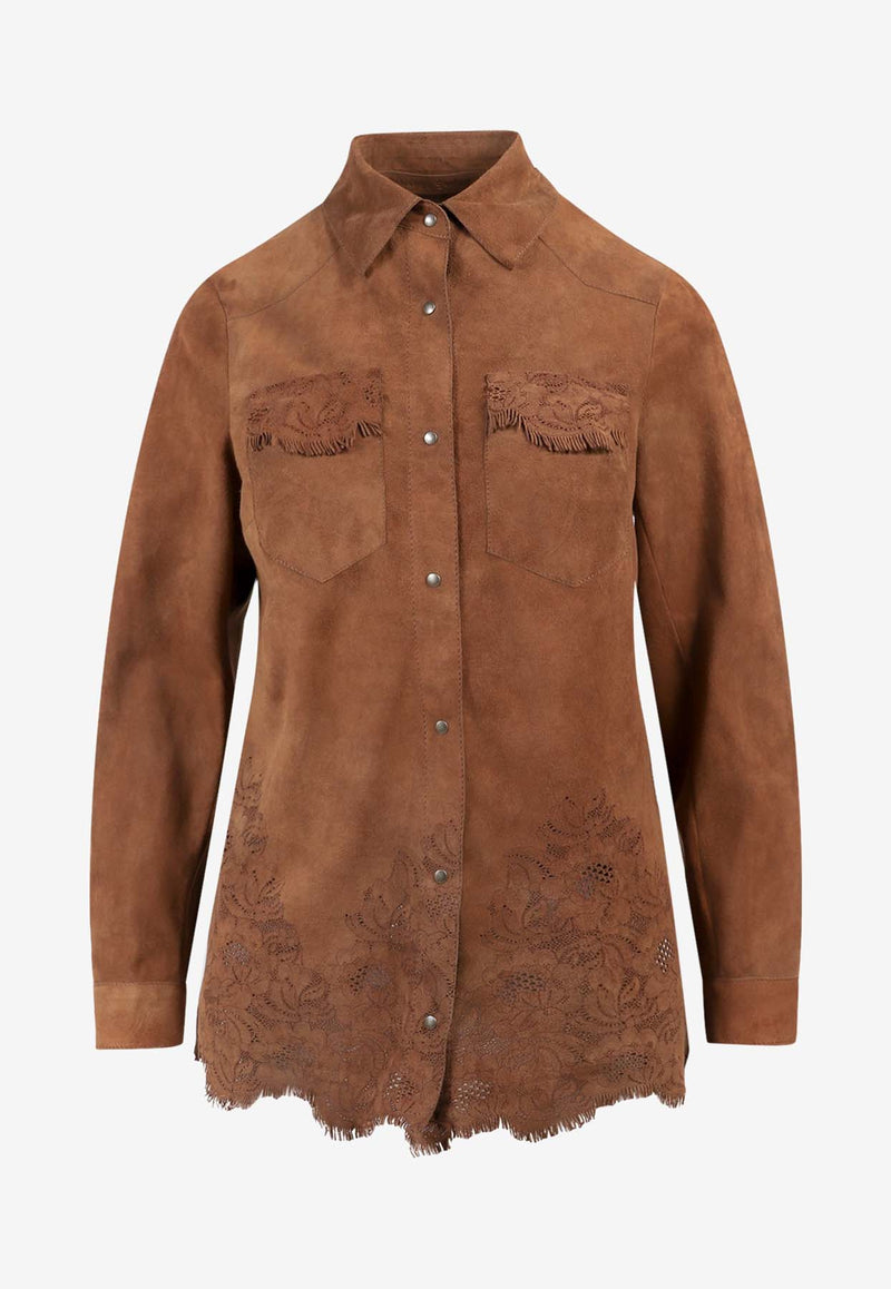 Salvatore Santoro Floral Embroidered Suede Shirt Brown 42038_CAMEL