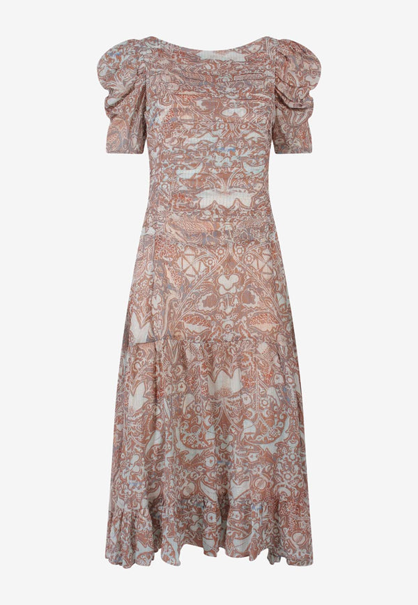 Ulla Johnson Floral Print Chiffon Midi Dress Beige PS230154_FLDSP