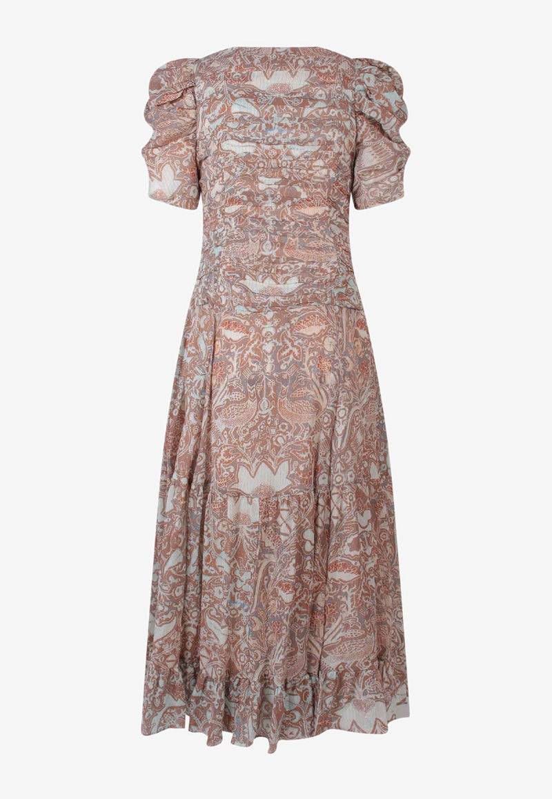 Ulla Johnson Floral Print Chiffon Midi Dress Beige PS230154_FLDSP