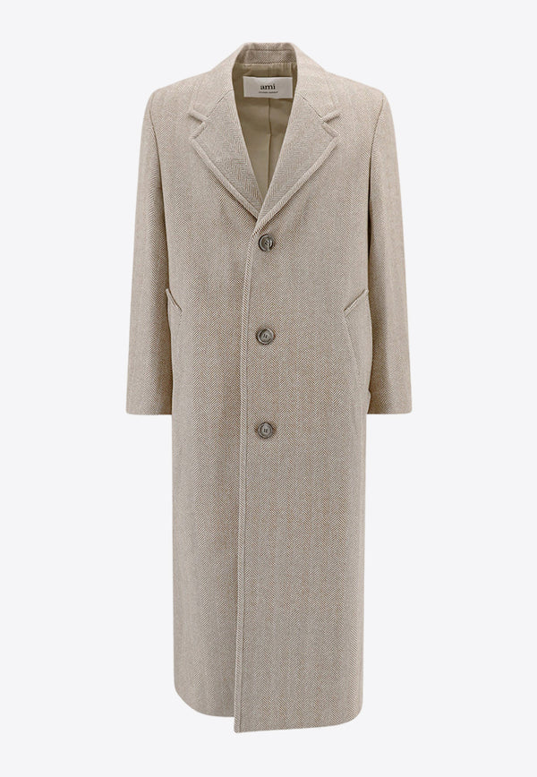 AMI PARIS Herringbone Wool Single-Breasted Coat Beige HCO307WV0015_268