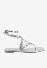 Valentino Rockstud Metallic Leather Flat Sandals Silver 4W2S0IQ0JXH_S13