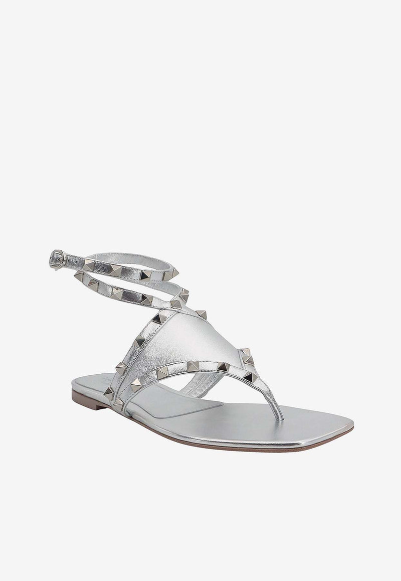 Valentino Rockstud Metallic Leather Flat Sandals Silver 4W2S0IQ0JXH_S13