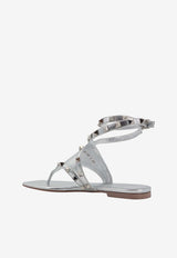 Valentino Rockstud Metallic Leather Flat Sandals Silver 4W2S0IQ0JXH_S13