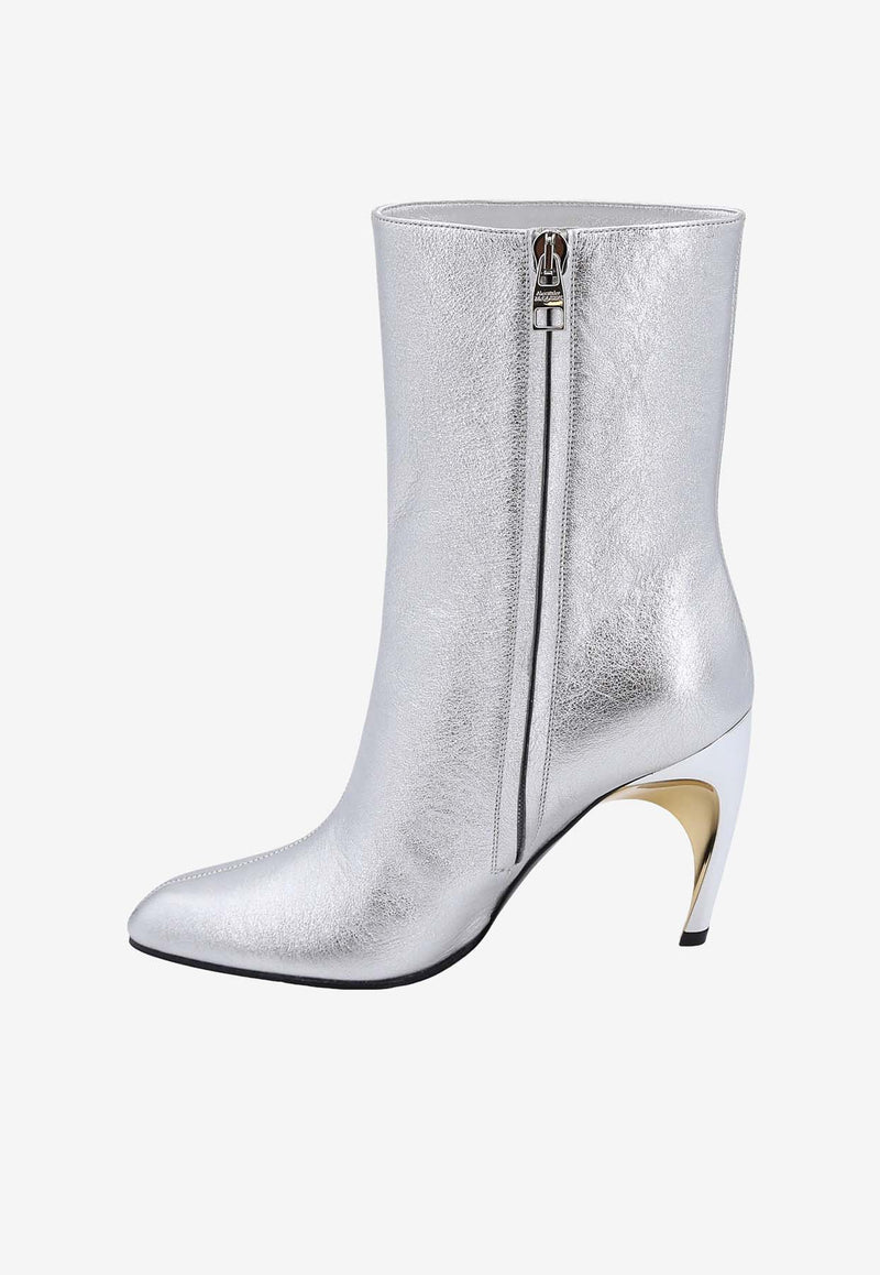 Alexander McQueen Armadillo 95 Metallic Leather Mid-Calf Boots Silver 780677WIF21_8369