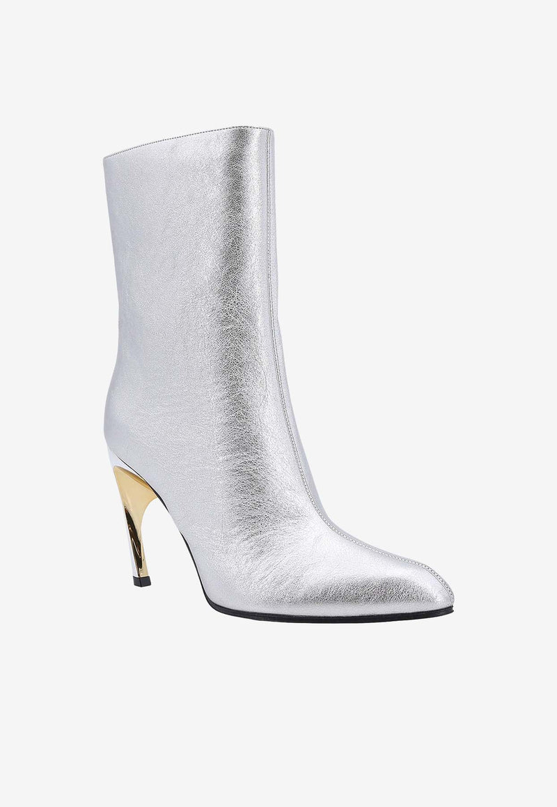 Alexander McQueen Armadillo 95 Metallic Leather Mid-Calf Boots Silver 780677WIF21_8369