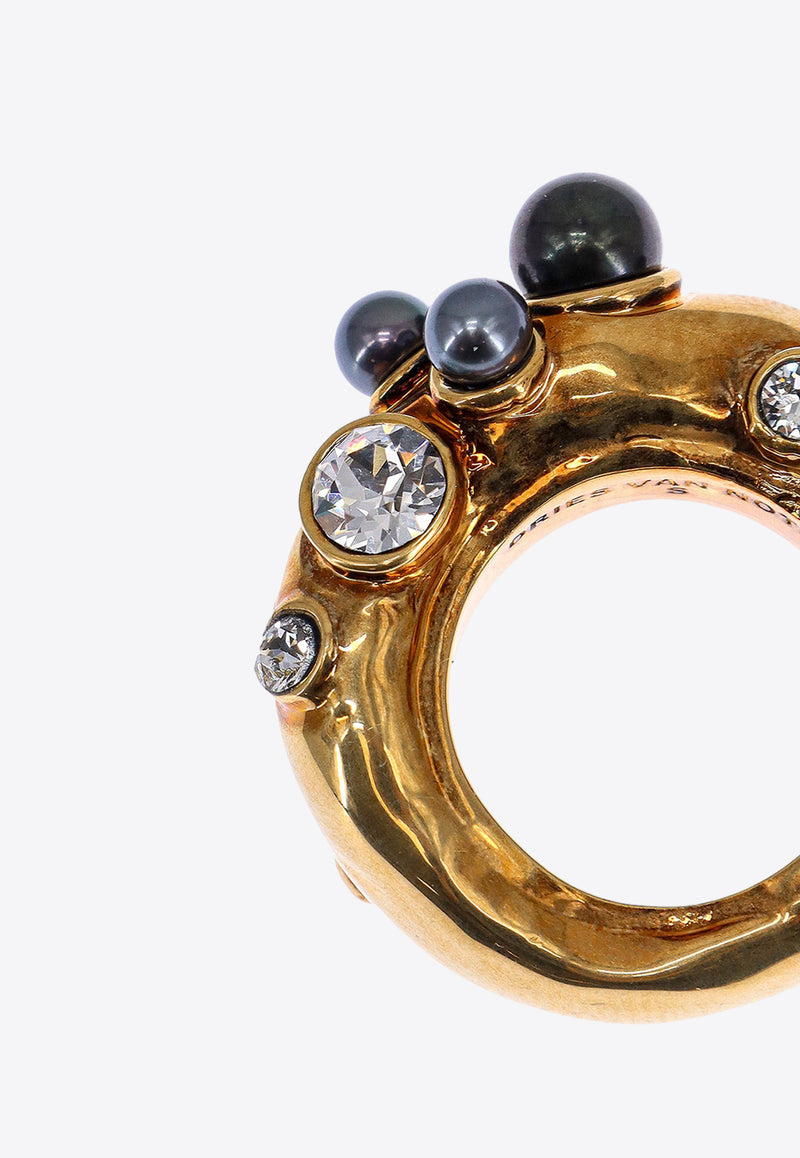 Dries Van Noten Pearls and Rhinestones Embellished Ring Gold 241018243094_973