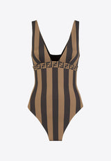 Fendi Pequin Stripes One-Piece Logo Swimsuit Brown FXBA25AQBZ_F13IZ