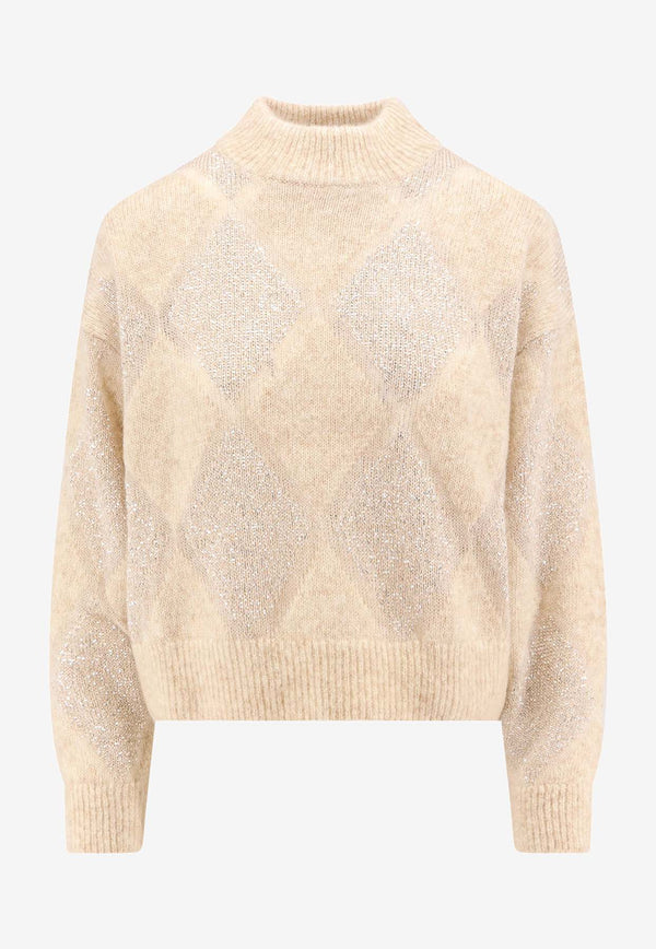 Brunello Cucinelli Sequined Argyle Wool-Blend Sweater Beige MCM518804_CQK82