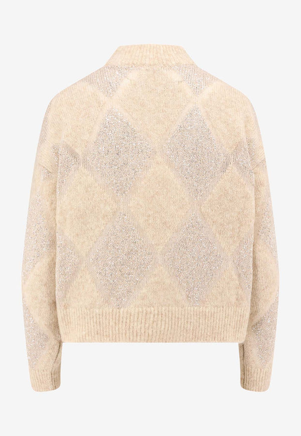 Brunello Cucinelli Sequined Argyle Wool-Blend Sweater Beige MCM518804_CQK82