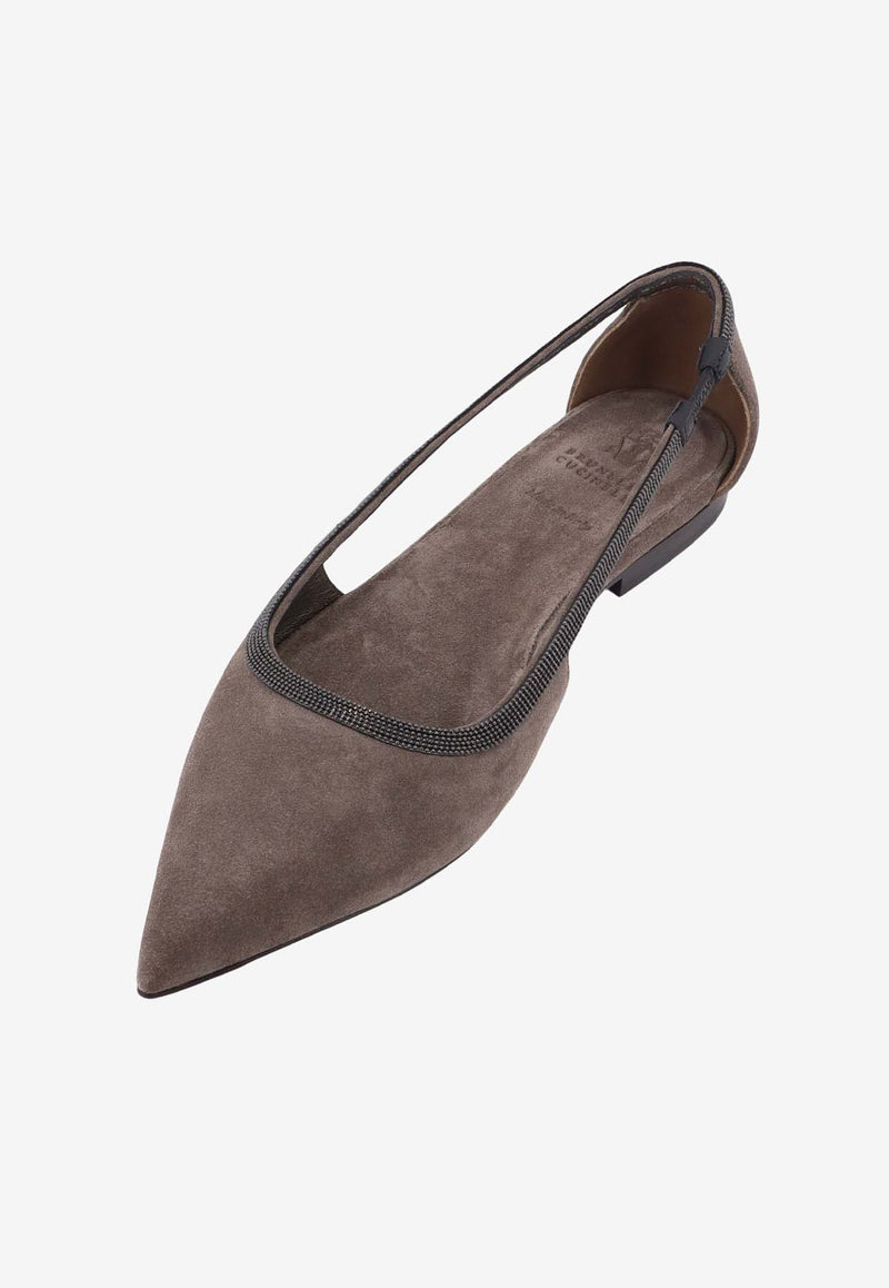 Brunello Cucinelli Monili-Trimmed Pointed Suede Flats Gray MZSFC2762_C8212