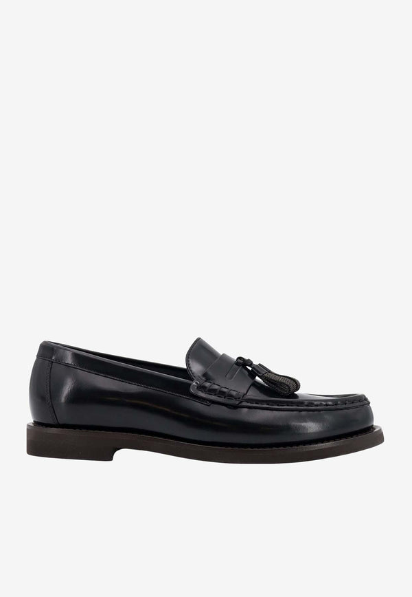 Brunello Cucinelli Leather Penny Loafers with Monili Tassels Black MZVNG2739_C101