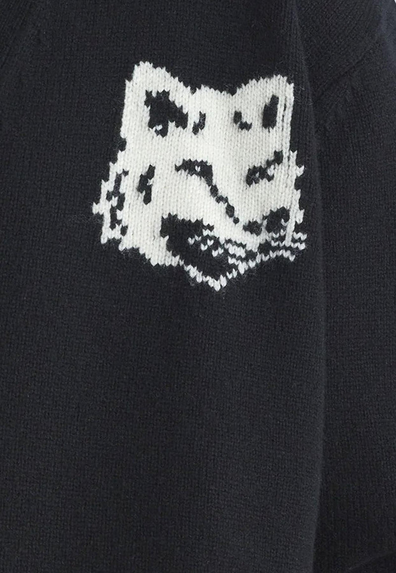 Maison Kitsuné Intarsia Knit Fox Wool Cardigan Black NM00508KM0329_P199