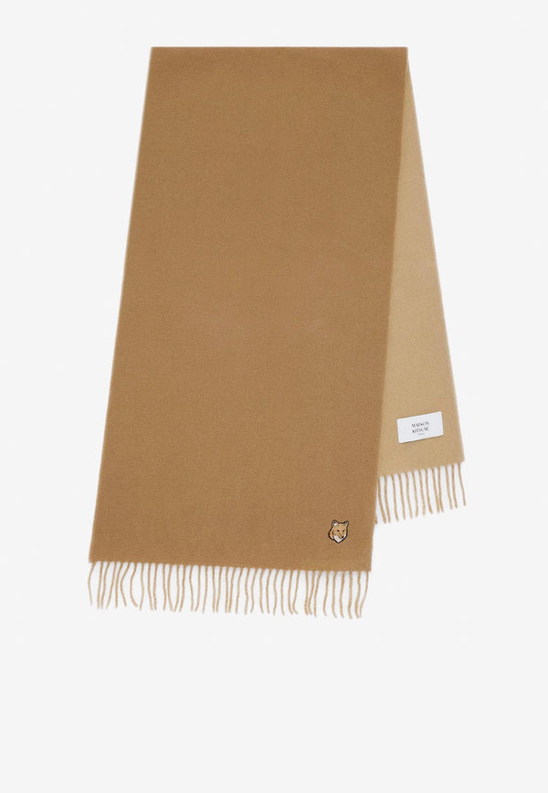 Maison Kitsuné Fox Head Patch Wool Fringed Scarf Beige NM06201WA0018_P245