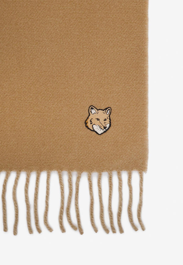 Maison Kitsuné Fox Head Patch Wool Fringed Scarf Beige NM06201WA0018_P245