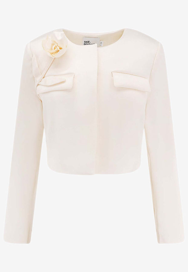 Self-Portrait 3D Flower Applique Satin Blazer Cream RS25970JC_CREAM