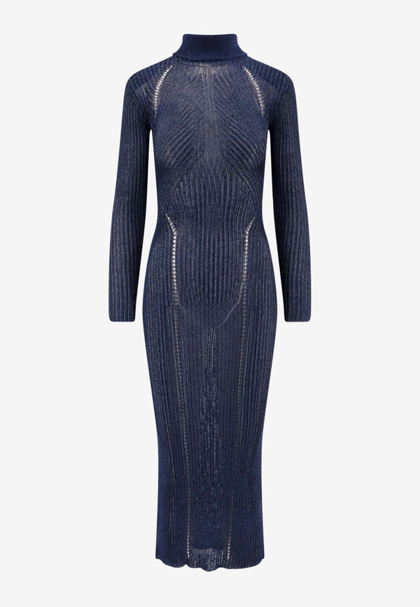 Self-Portrait Ribbed Lurex Knit Turtleneck Maxi Dress Navy RS25124XBL_BLUE