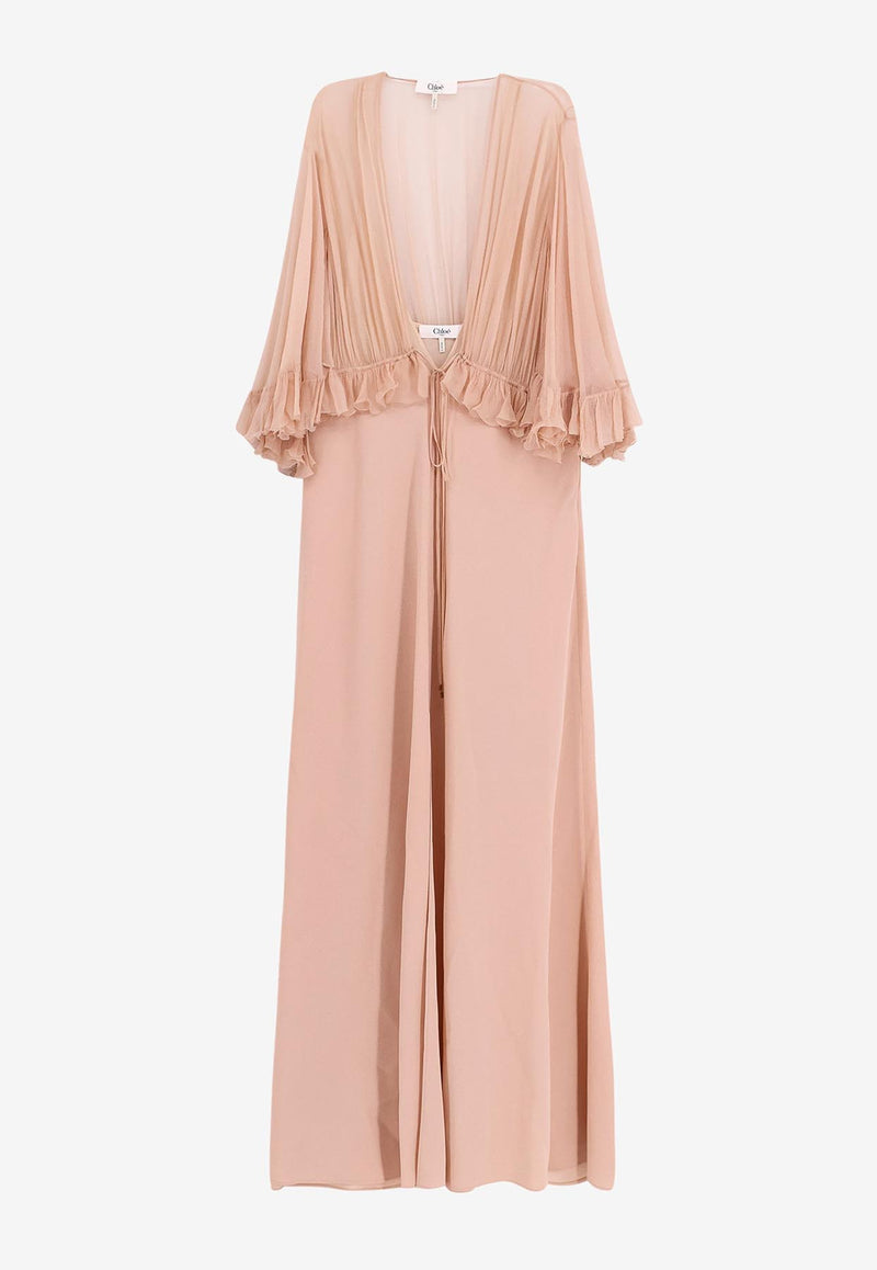 Chloé V-neck Crepe Satin Maxi Dress Pink 25SRO26355_6H9