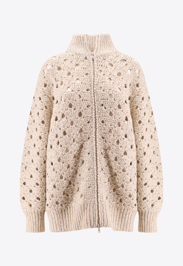 Brunello Cucinelli Crochet Knit Sequined Cardigan Cream MGH347906_C1903