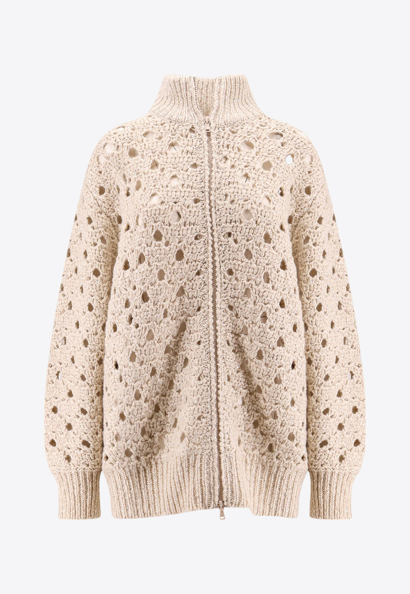 Brunello Cucinelli Crochet Knit Sequined Cardigan Cream MGH347906_C1903