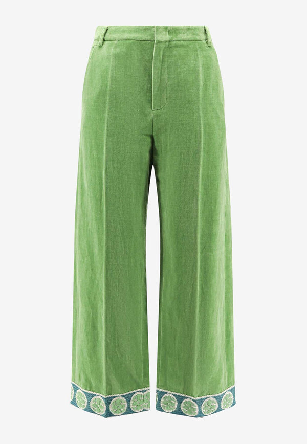 Valentino Linen-Blend Jacquard Hem Pants Green 6V3RBJ74AM2_LR1