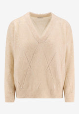 Brunello Cucinelli V-neck Wool-Blend Sweater Beige MBP110802_CYU40