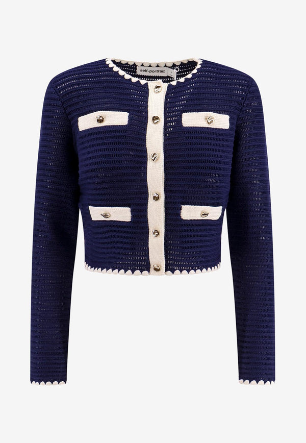 Self-Portrait Crochet Knit Cropped Cardigan Blue PF24131JBL_NAVY