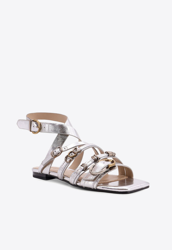 PINKO Marli Laminated Leather Flat Sandals Silver SD0317P049_ZZF