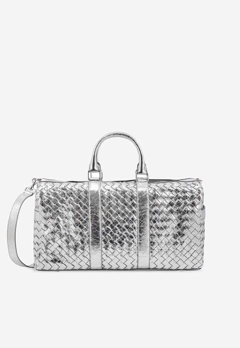 Bottega Veneta Intrecciato Leather Metallic Duffel Bag Silver 650066V2WQ1_8101