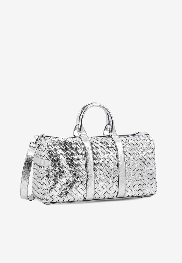 Bottega Veneta Intrecciato Leather Metallic Duffel Bag Silver 650066V2WQ1_8101