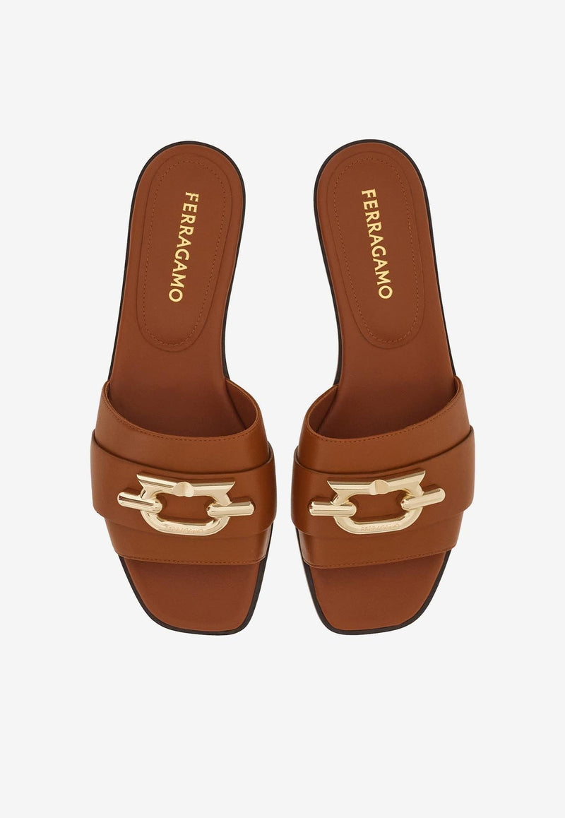 Salvatore Ferragamo Priscilla Gancini-Plaque Flat Sandals Brown 01G170 PRISCILLA 763942 NEW VICUNA