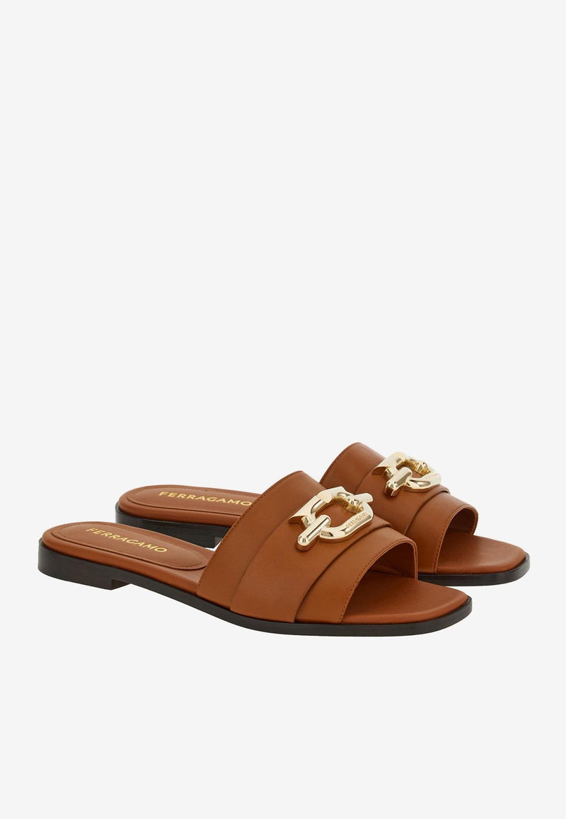 Salvatore Ferragamo Priscilla Gancini-Plaque Flat Sandals Brown 01G170 PRISCILLA 763942 NEW VICUNA