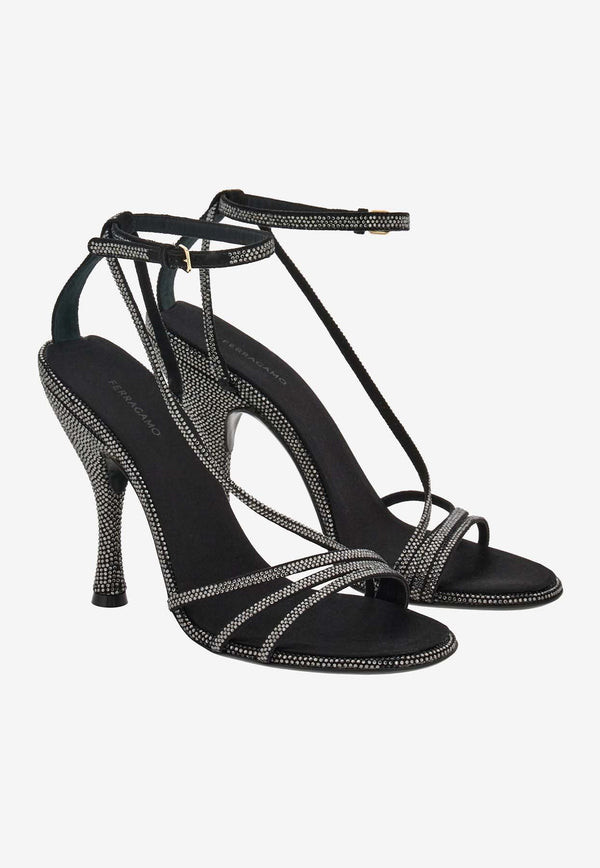 Salvatore Ferragamo Denise 105 Crystal-Embellished Sandals 01H463 DENISE X5 CR 769076 NERO