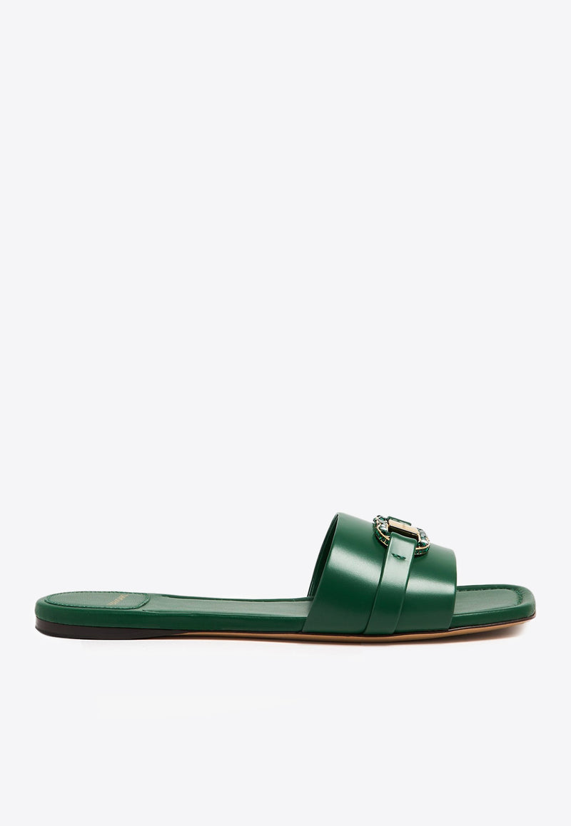 Salvatore Ferragamo Leah Gancini Leather Slides 01I023 LEAH CR 772389 DARK FOREST GREEN Green