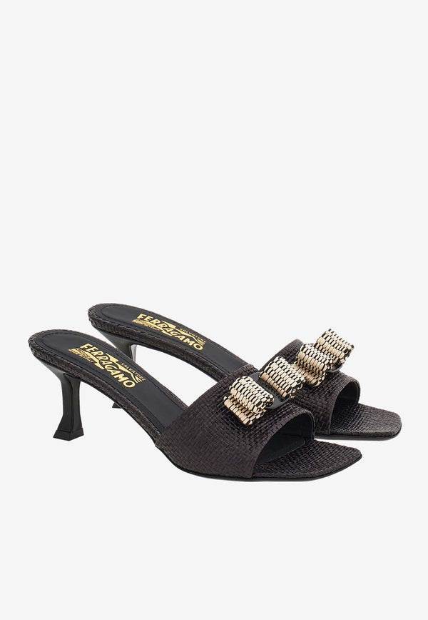 Salvatore Ferragamo Isaura 55 Vara Bow Raffia Mules Black 01I617 ISAURA 55 WR 774118 NERO