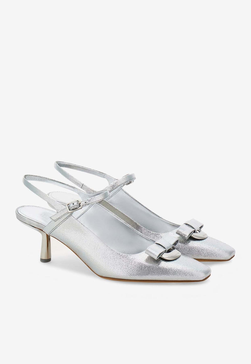 Salvatore Ferragamo Ophelia 55 Drop Bow Metallic Leather Sandals Silver 01I838 OPHELIA 55 M 776683 ARGENTO/BIANCO