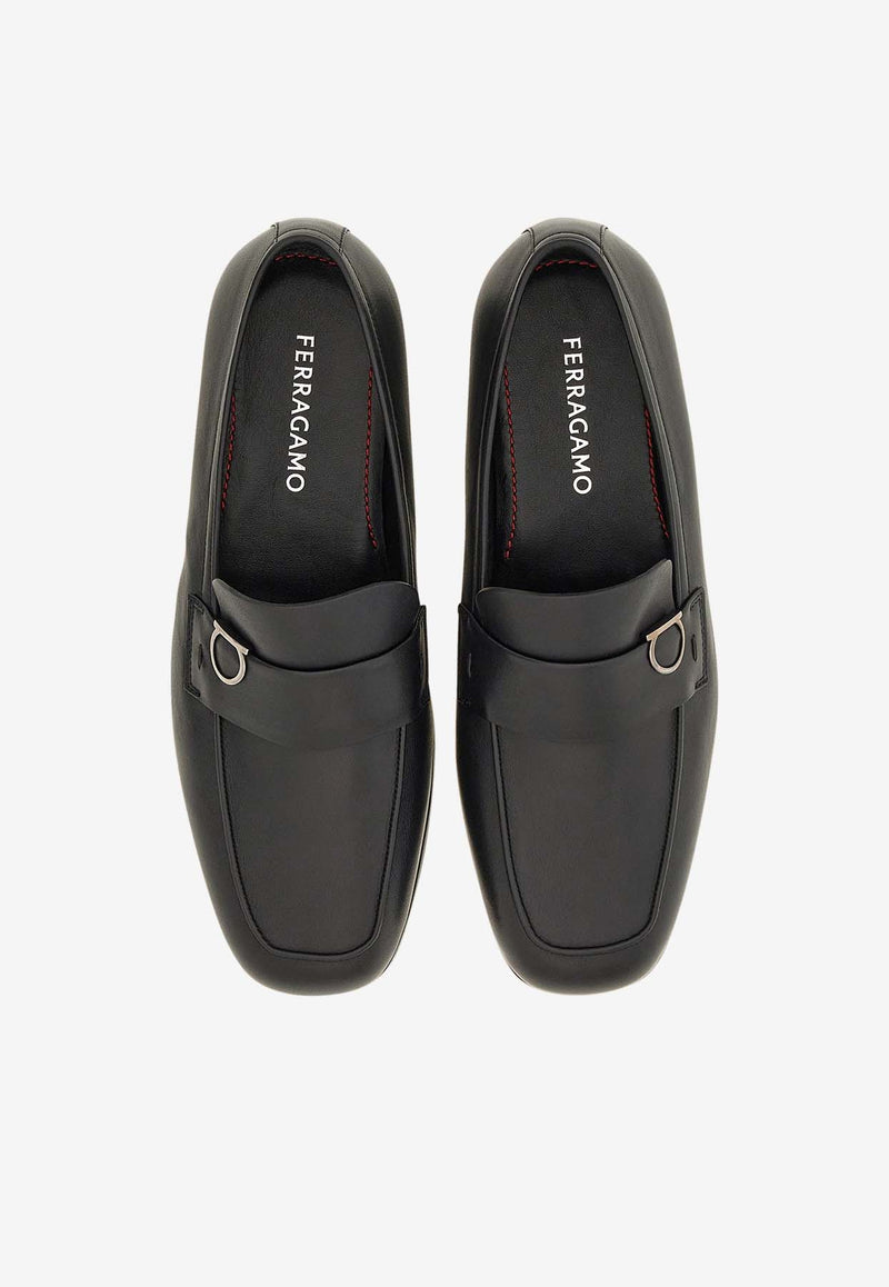 Salvatore Ferragamo Crystal Gancini Leather Loafers 029113 CRYSTAL 776766 NERO Black