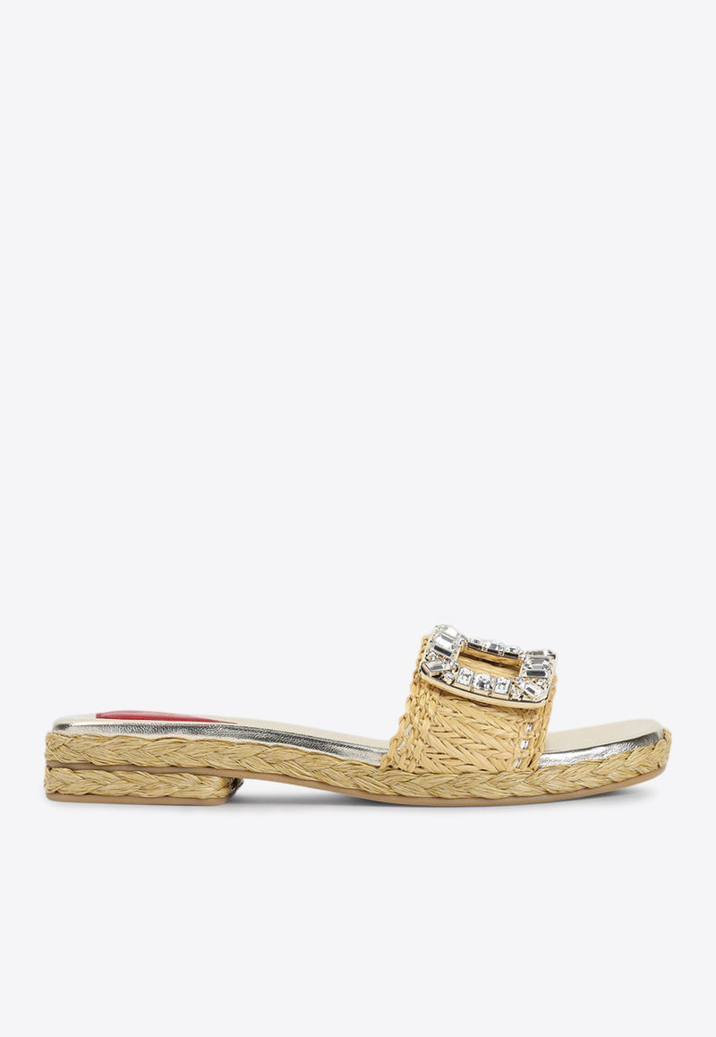 Strass Buckle Raffia Flat Sandals