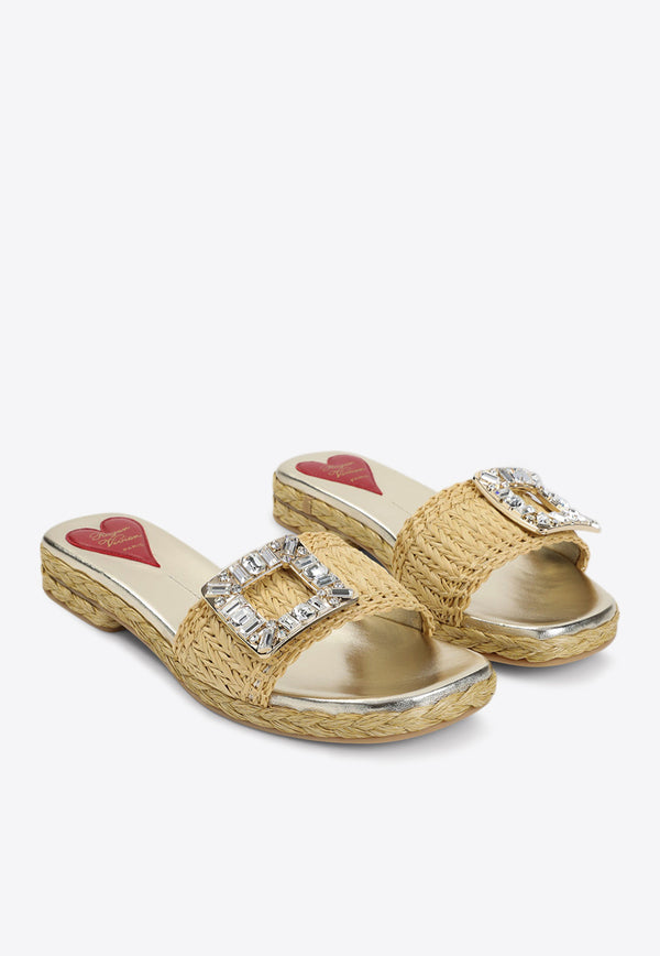 Strass Buckle Raffia Flat Sandals