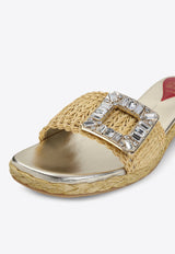 Strass Buckle Raffia Flat Sandals