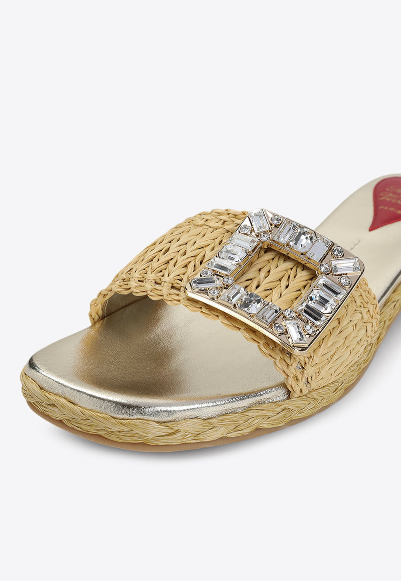 Strass Buckle Raffia Flat Sandals