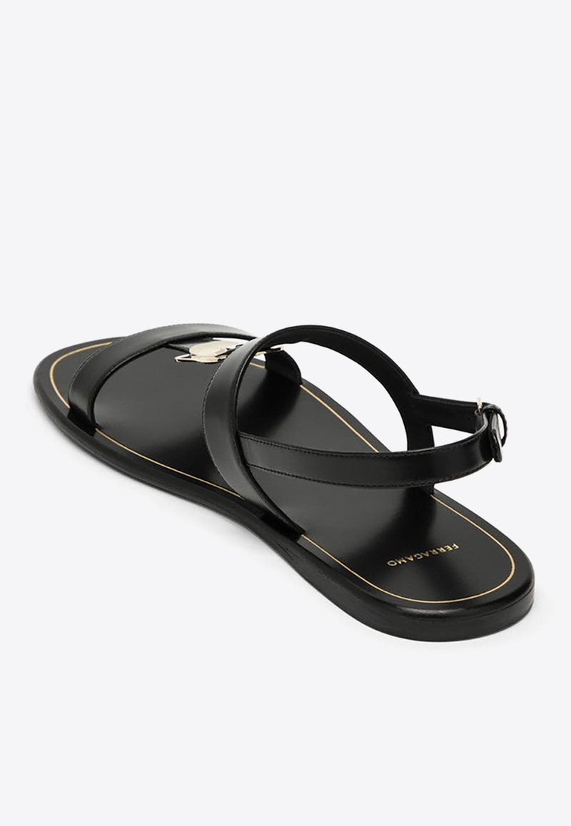 Salvatore Ferragamo Capri Nappa Leather Flat Sandals with Vara Bow Black 07694231CLE/O_FERRA-NR