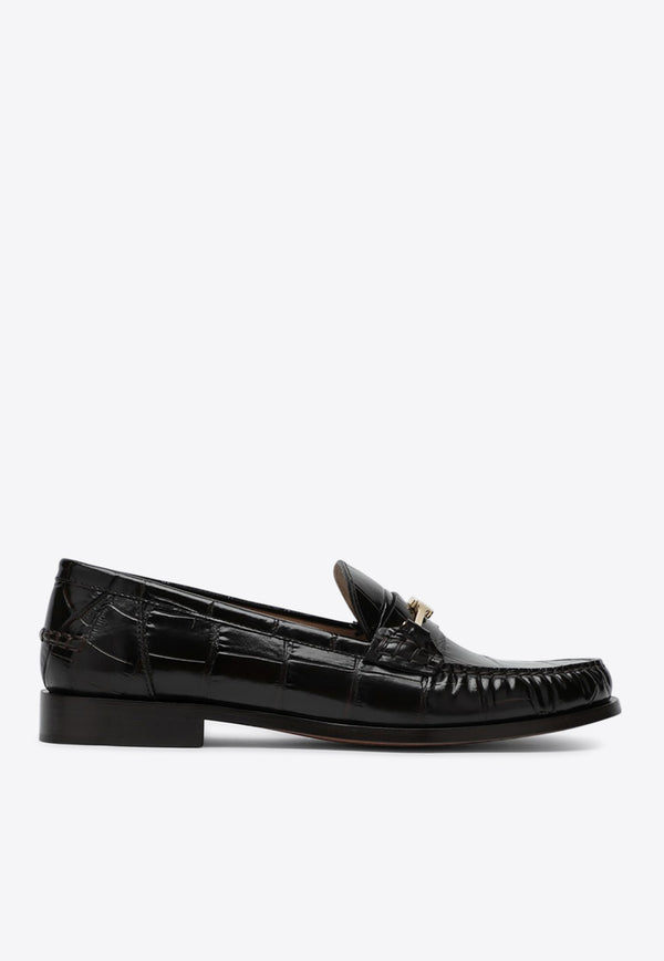 Salvatore Ferragamo Harry Croc-Embossed Leather Chain Loafers Dark Brown 07810651CLE/Q_FERRA-TM