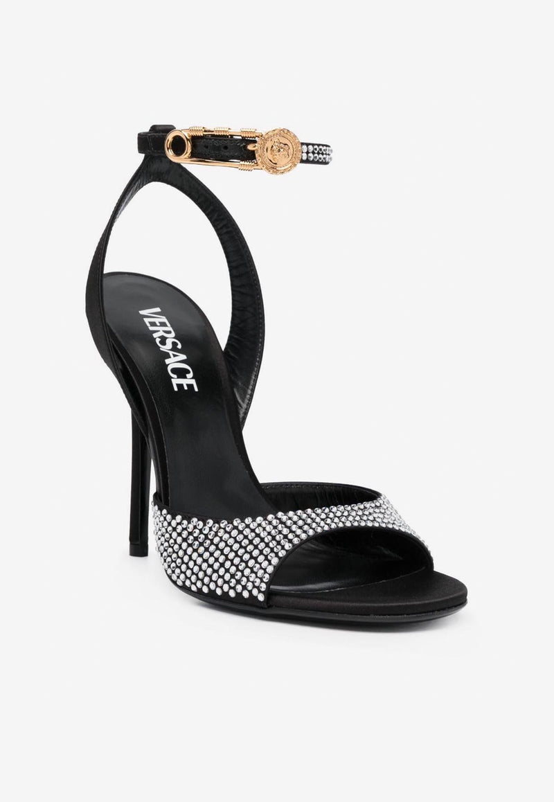 Versace Safety Pin 110 Studded Satin Sandals Black 1003205 1A04185 1B00V