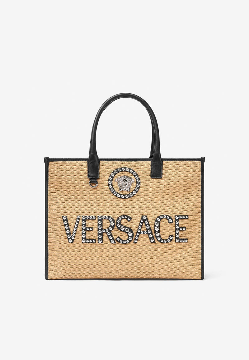 Versace Large La Medusa Studded Logo Tote Bag Beige 1004741 1A08263 2KA1P