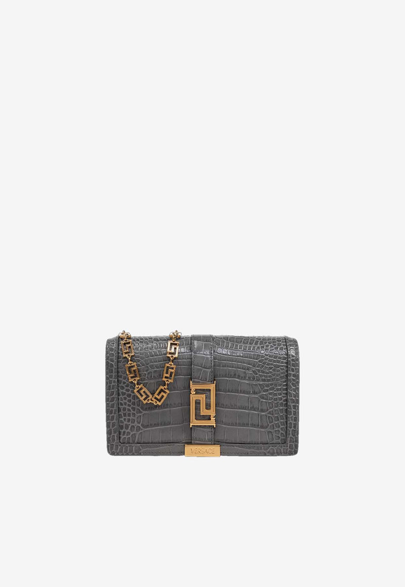 Versace Mini Greca Goddess Croc-Embossed Leather Shoulder Bag Gray 1007220 1A08724 1E51V