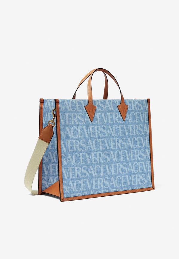 Versace All-Over Logo Denim Tote Bag Blue 1008913 1A07899 5U87V