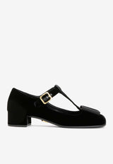 35 T-strap Logo Bow Velvet Pumps