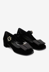 35 T-strap Logo Bow Velvet Pumps