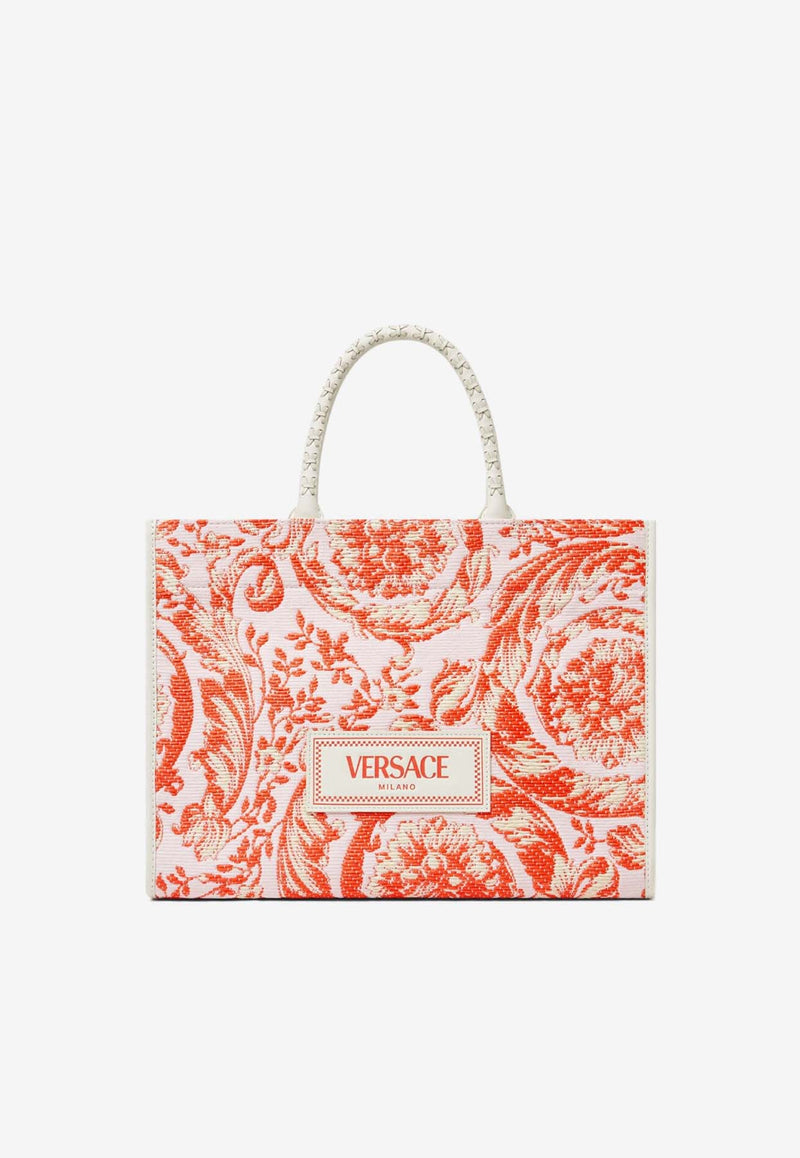 Versace Medium Barocco Athena Raffia Tote Bag Coral 1011562 1A11311 6WD3V